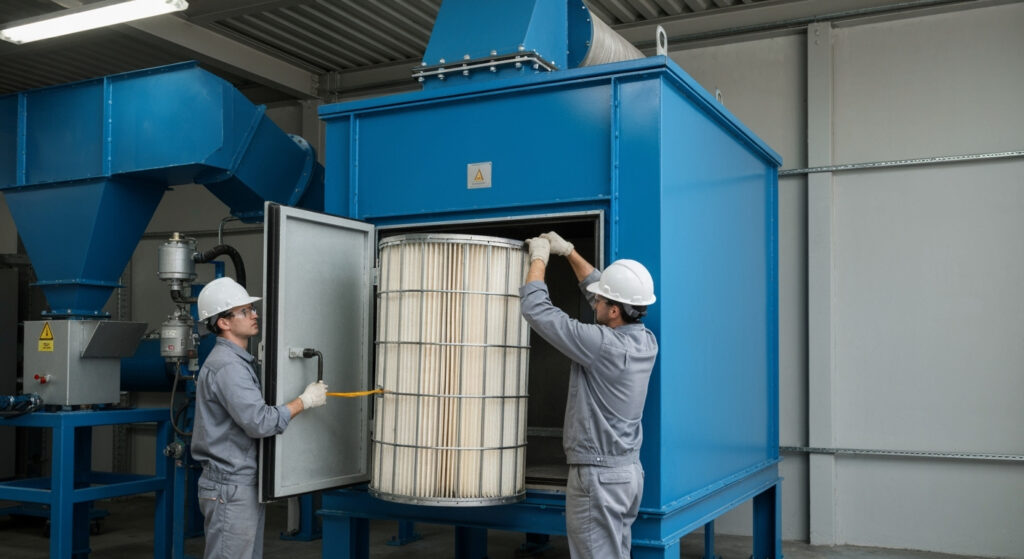 Técnicos instalando filtro de manga en baghouse industrial, proceso de montaje con EPP